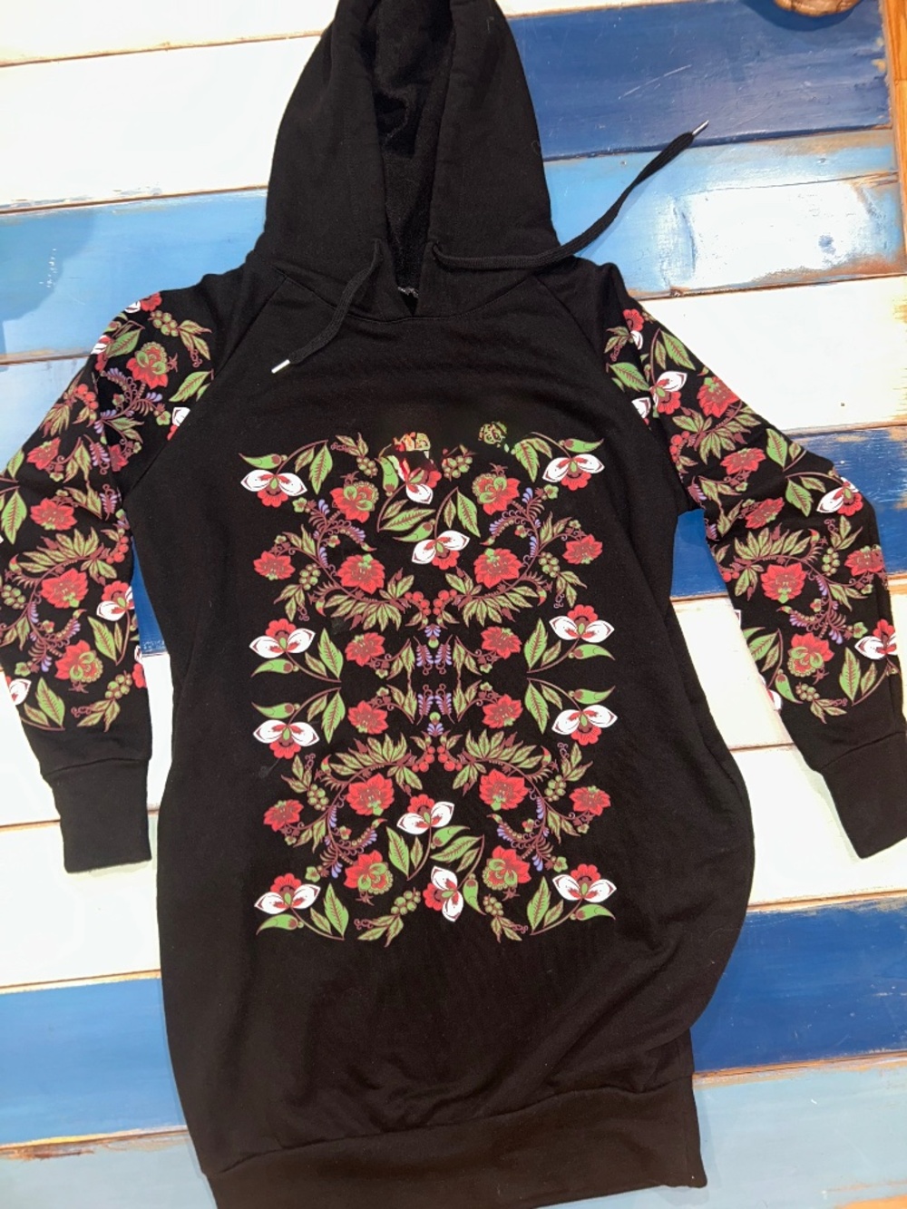 Reserved Black Floral Hoodie Sweatshirt Dress Longline Tunic Size M